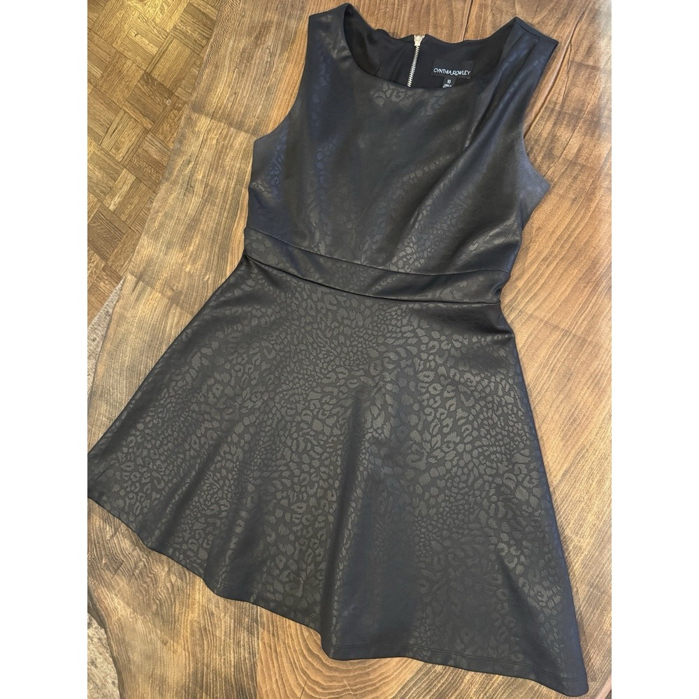 Cynthia Rowley Dress 10 Black Faux Leather Fit & Flare Sleeveless Zip Back Lined